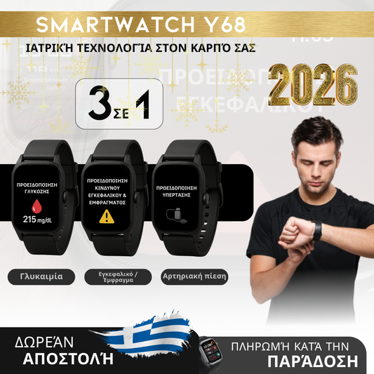 Προσφορά Πρωτοχρονιάς: SmartWatch Y68 - Ιατρικός Παρακολουθητής 3 σε 1 (Γλυκόζη, Πίεση, Κίνδυνος Εγκεφαλικού) | Μενού στα Ελληνικά